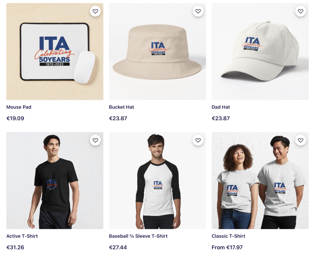 Photo gallery of ITA branded products including hats and shirts.