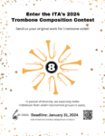 The official poster for the ITA Composition Contest for 2024 includes a black 8 surrounded by gold trombone bells.
