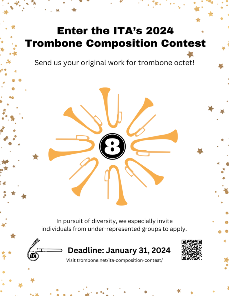 The official poster for the ITA Composition Contest for 2024 includes a black 8 surrounded by gold trombone bells.