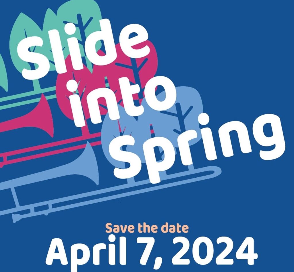 Poster for Calgary's Slide into Spring event on April 7, 2024. Green, red, blue trombones on a dark blue background